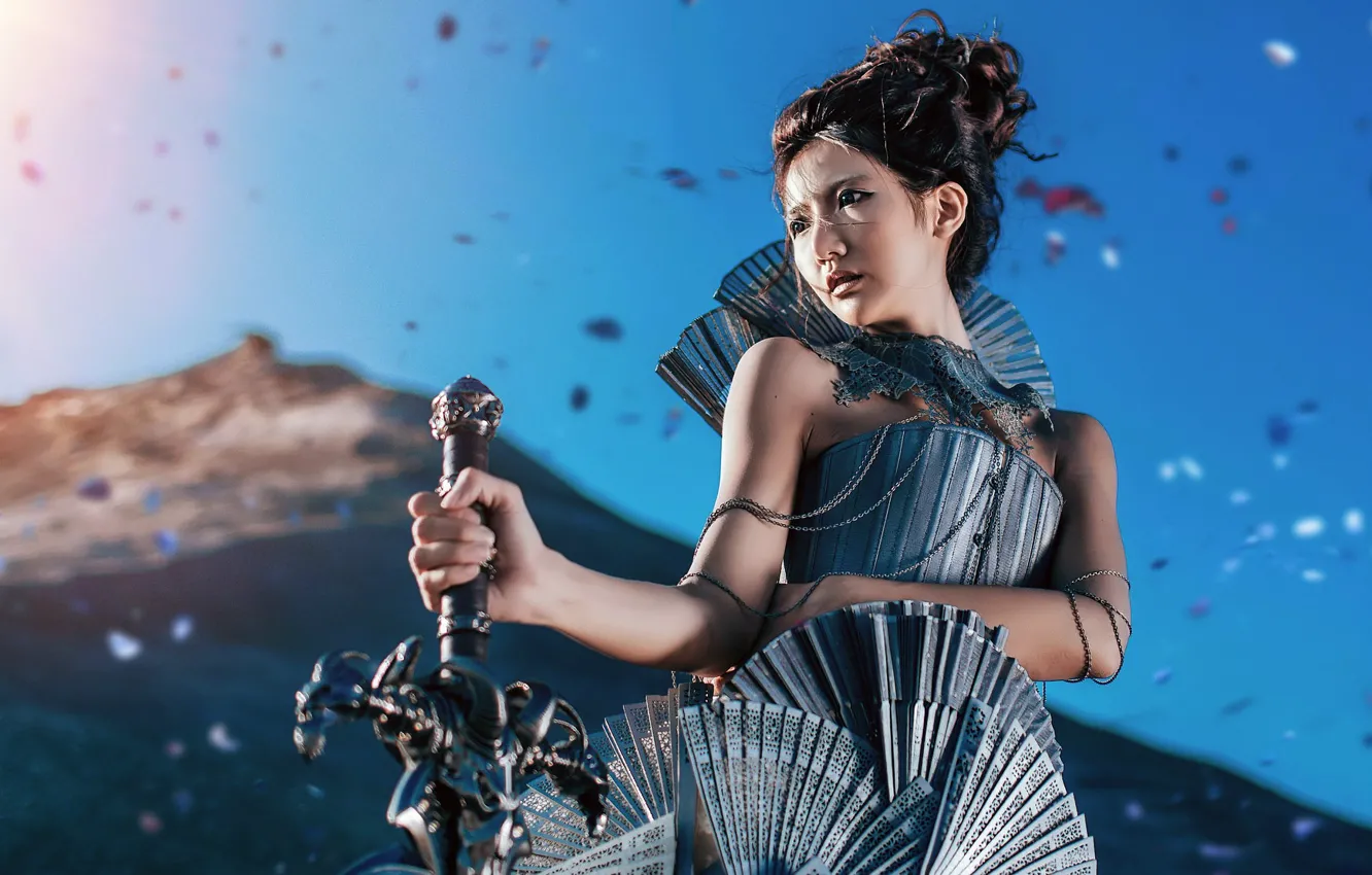 Photo wallpaper girl, background, sword