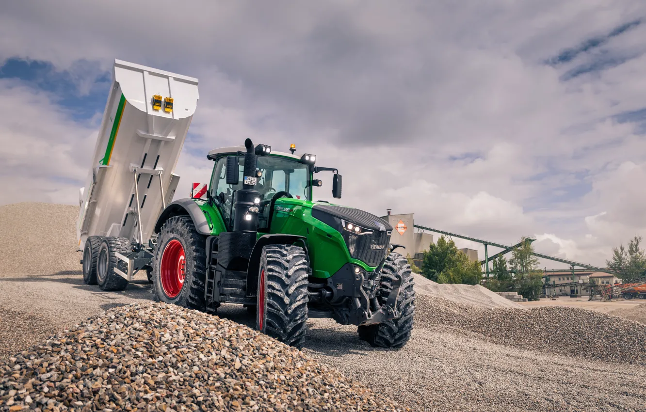 Photo wallpaper white, the sky, tractor, green, gravel, the trailer, wheel, agricultural machinery