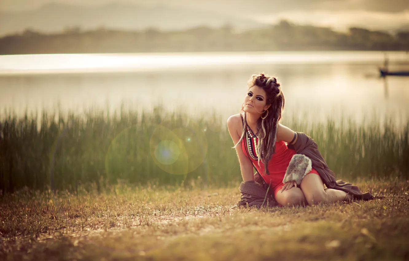 Photo wallpaper girl, sunshine, sexy, field, autumn, lake, evening, dreadlocks