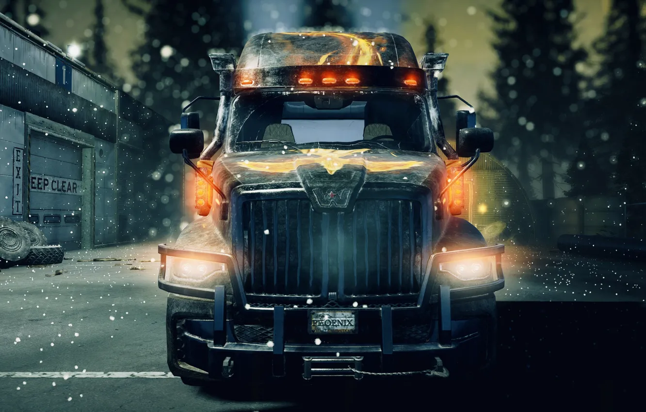Photo wallpaper HDR, Winter, Tree, Lights, Night, Truck, Game, Garage