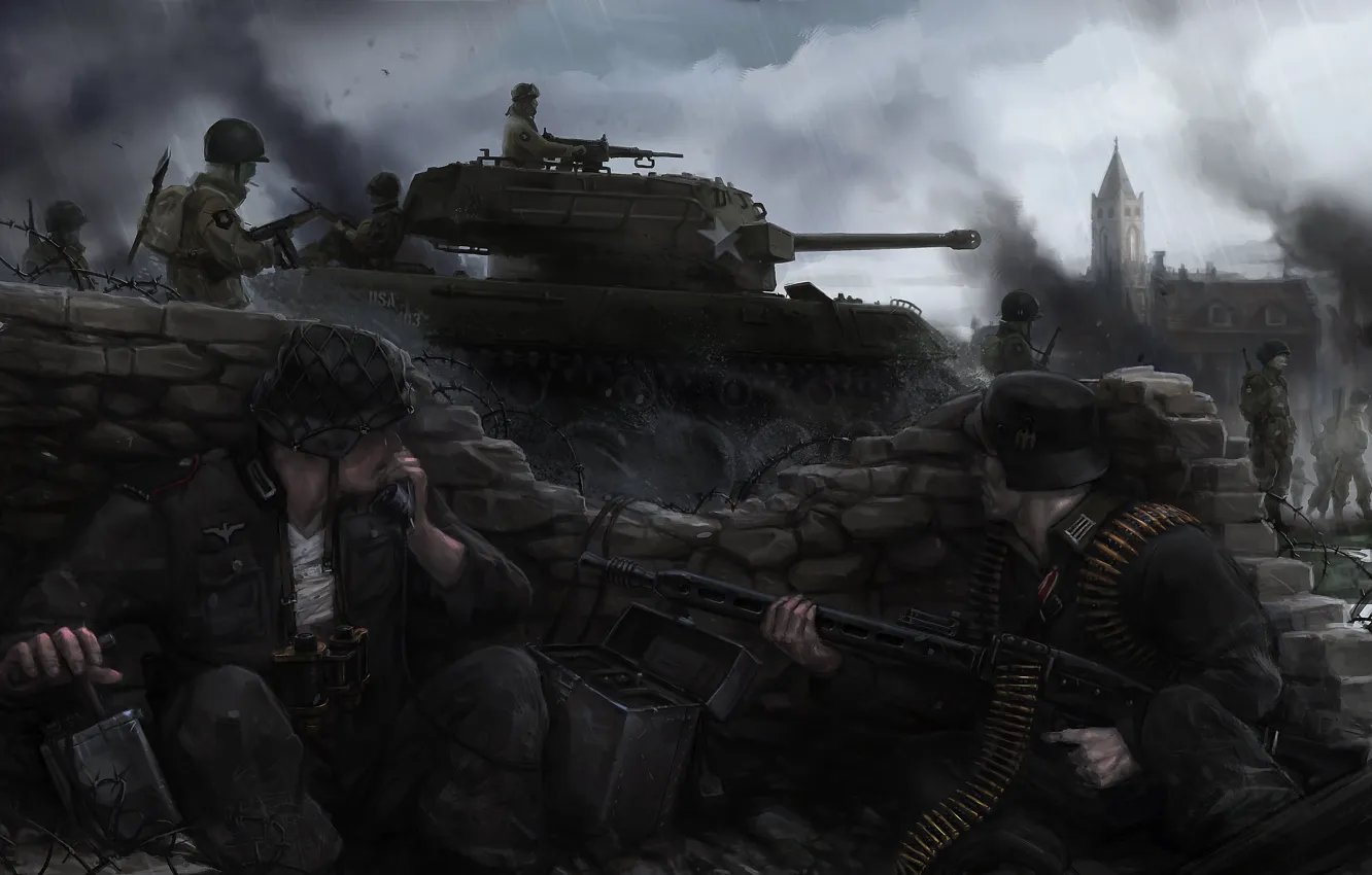 Photo wallpaper war, smoke, building, bomb, Americans, tank, war, the Germans