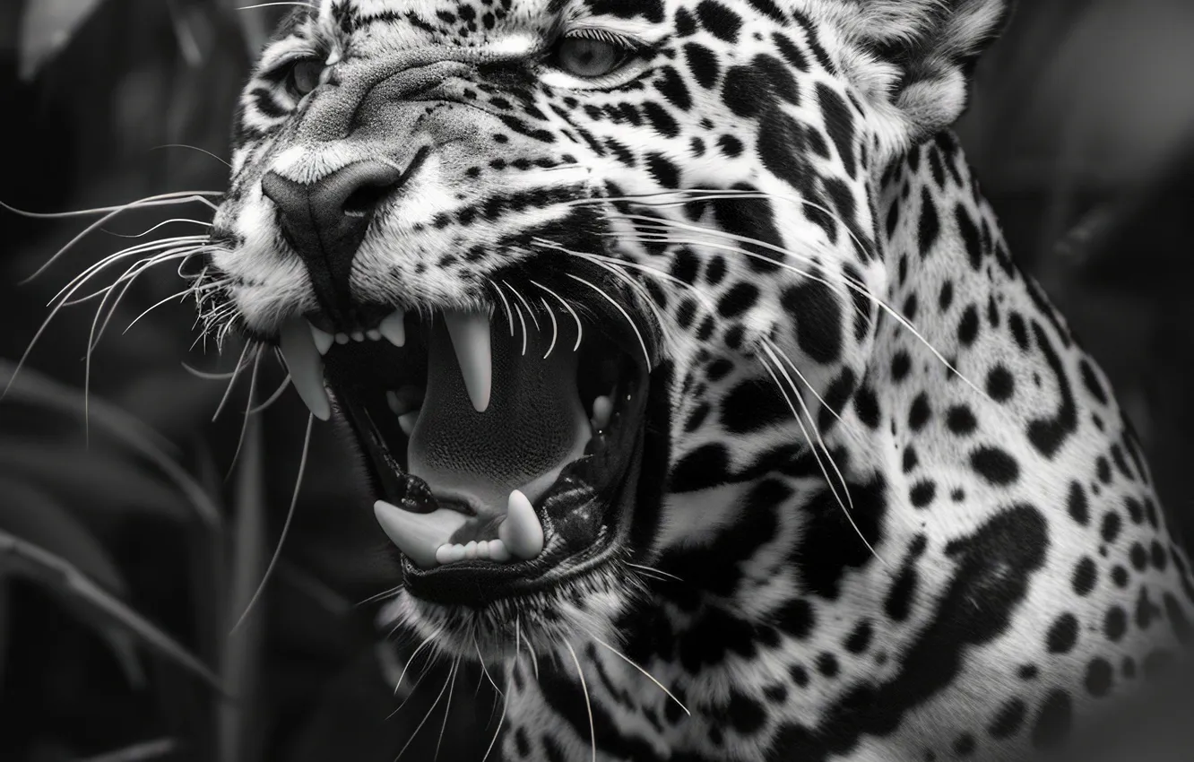 Photo wallpaper Leaves, Jaguar, Fangs, Face, Predator, Digital art, Black and white, Big cat