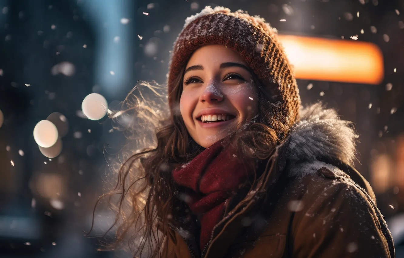 Photo wallpaper winter, girl, snow, lights, smile, street, new year, laughter
