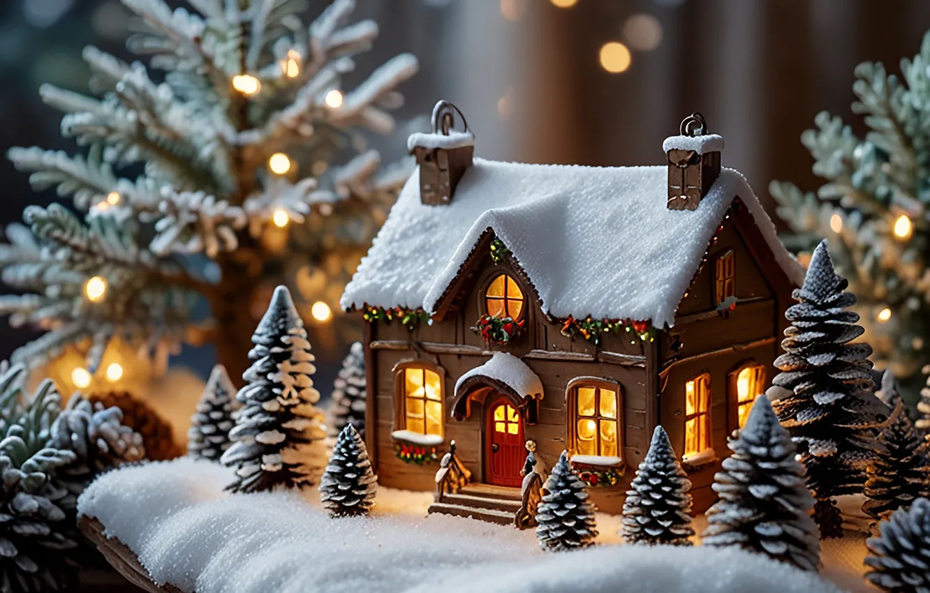 Photo wallpaper toy, new year, Christmas, house, herringbone, AI art, neural network