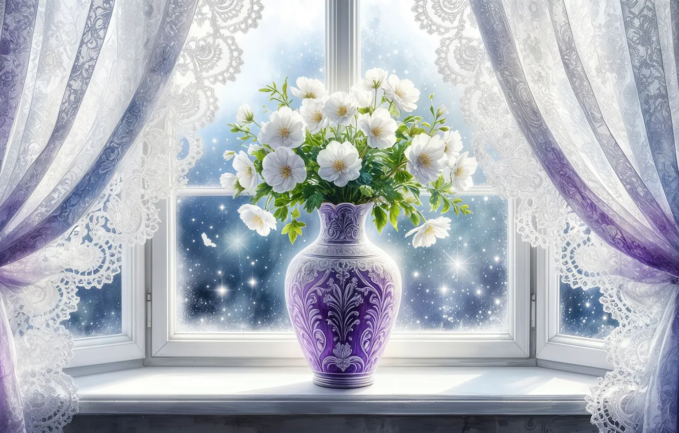 Photo wallpaper neural network, flowers, window, bouquet, AI art, curtains