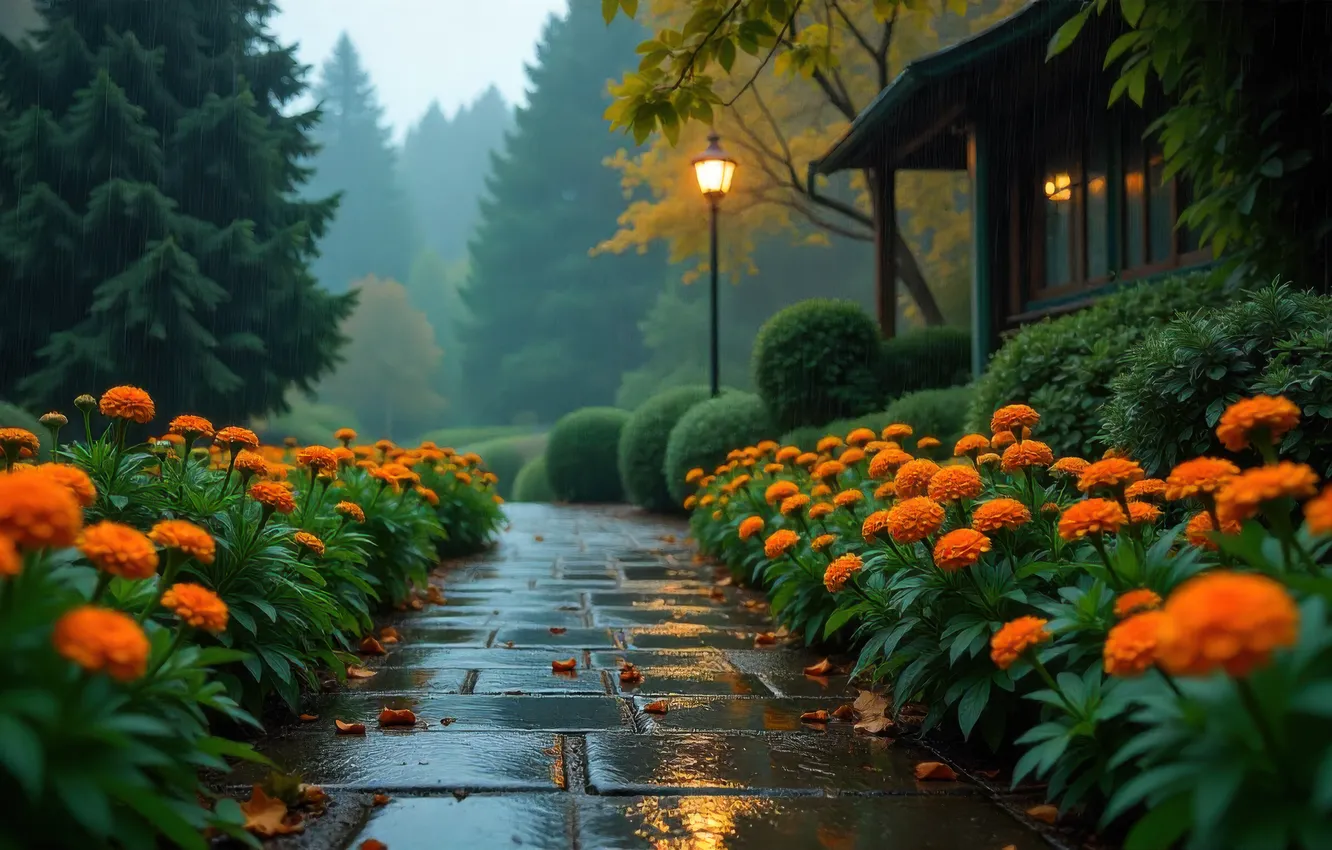 Photo wallpaper greens, autumn, light, trees, flowers, Park, rain, moisture