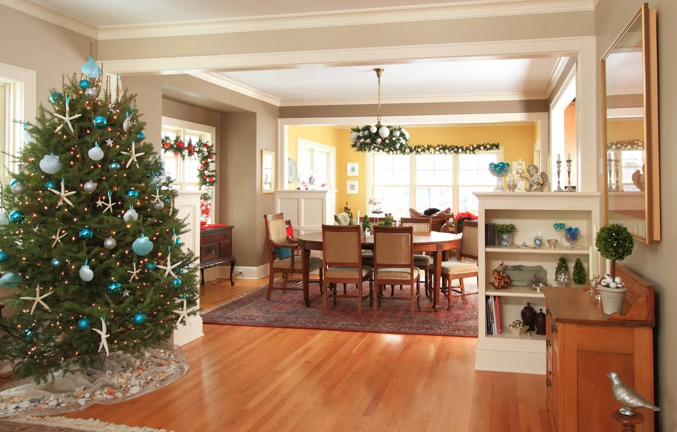 Photo wallpaper decoration, tree, interior, Christmas, New year, dining room