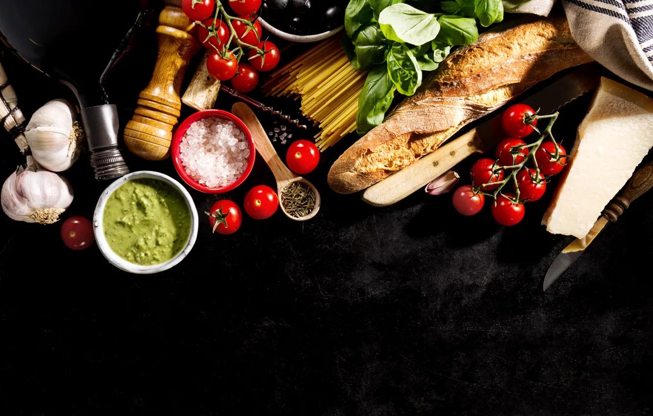 Photo wallpaper bread, tomatoes, sauce, food, olives, spices, Basil, italian
