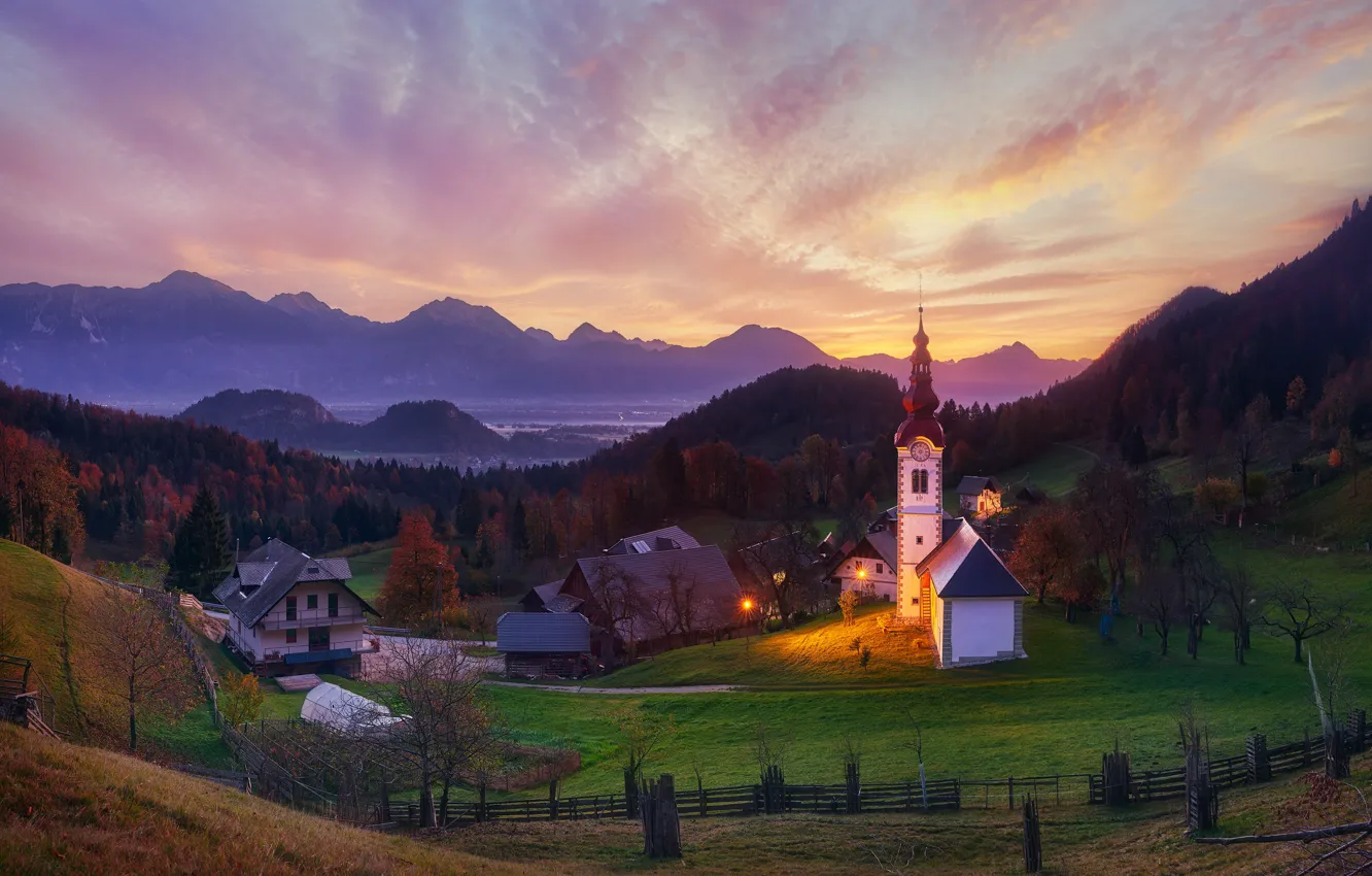 Photo wallpaper landscape, mountains, nature, village, home, village, Church, twilight