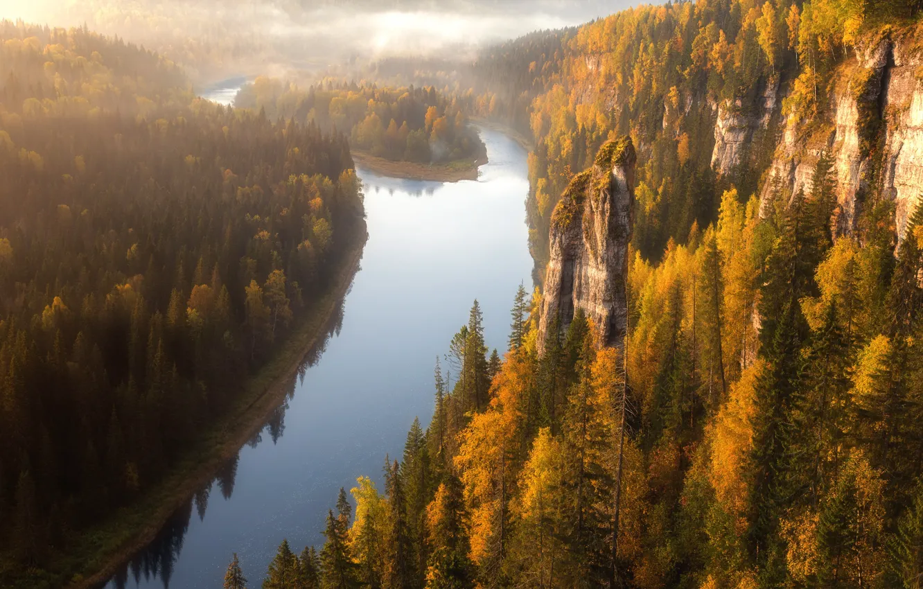 Photo wallpaper autumn, forest, river, rocks, height, Kuznetsov Kirill