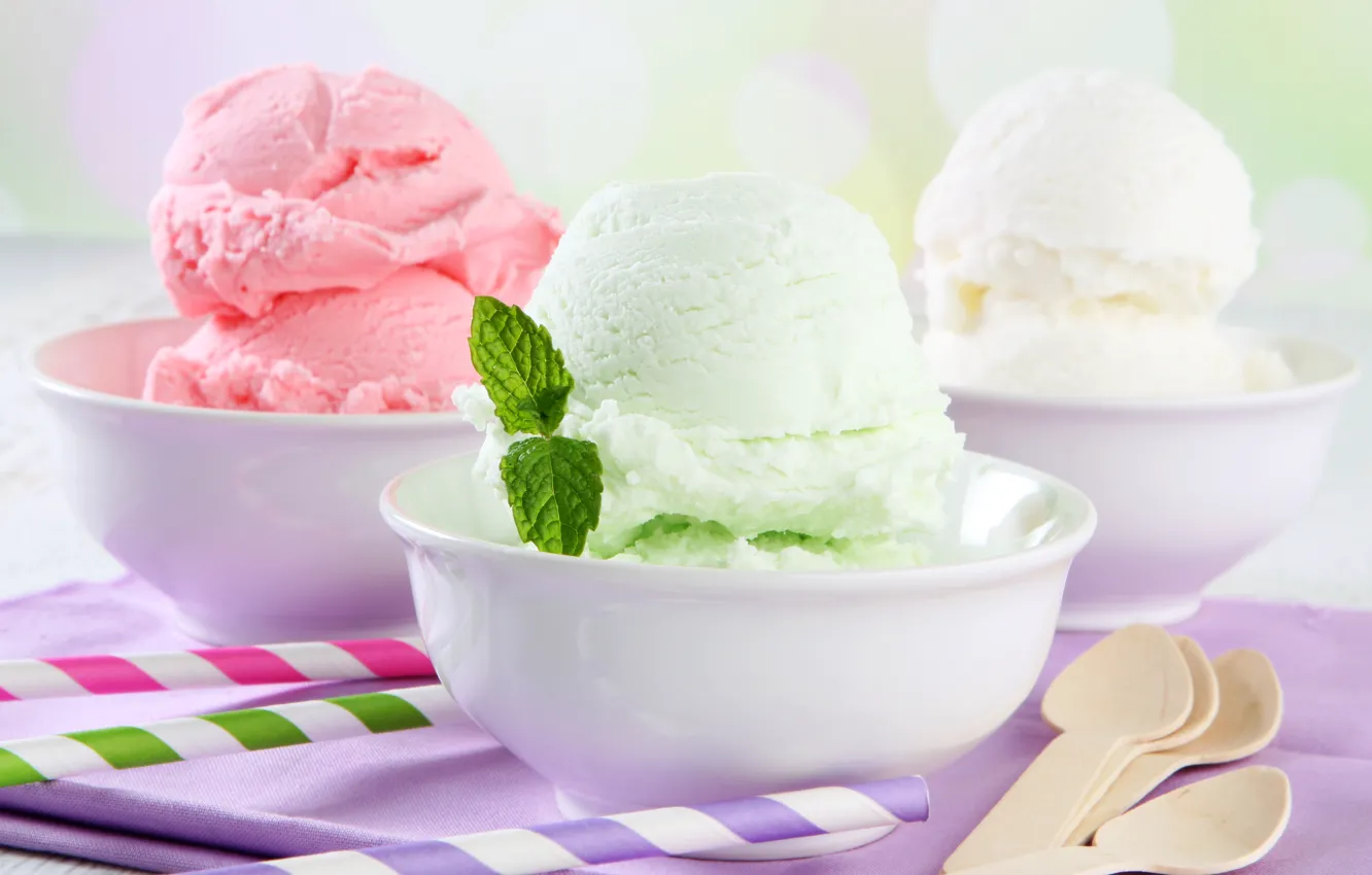 Photo wallpaper summer, ice cream, spoon, mint leaves