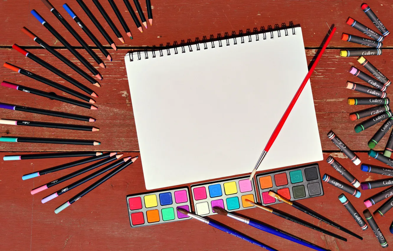Photo wallpaper color, sheet, pencils, brush, drawing, crayons, paint