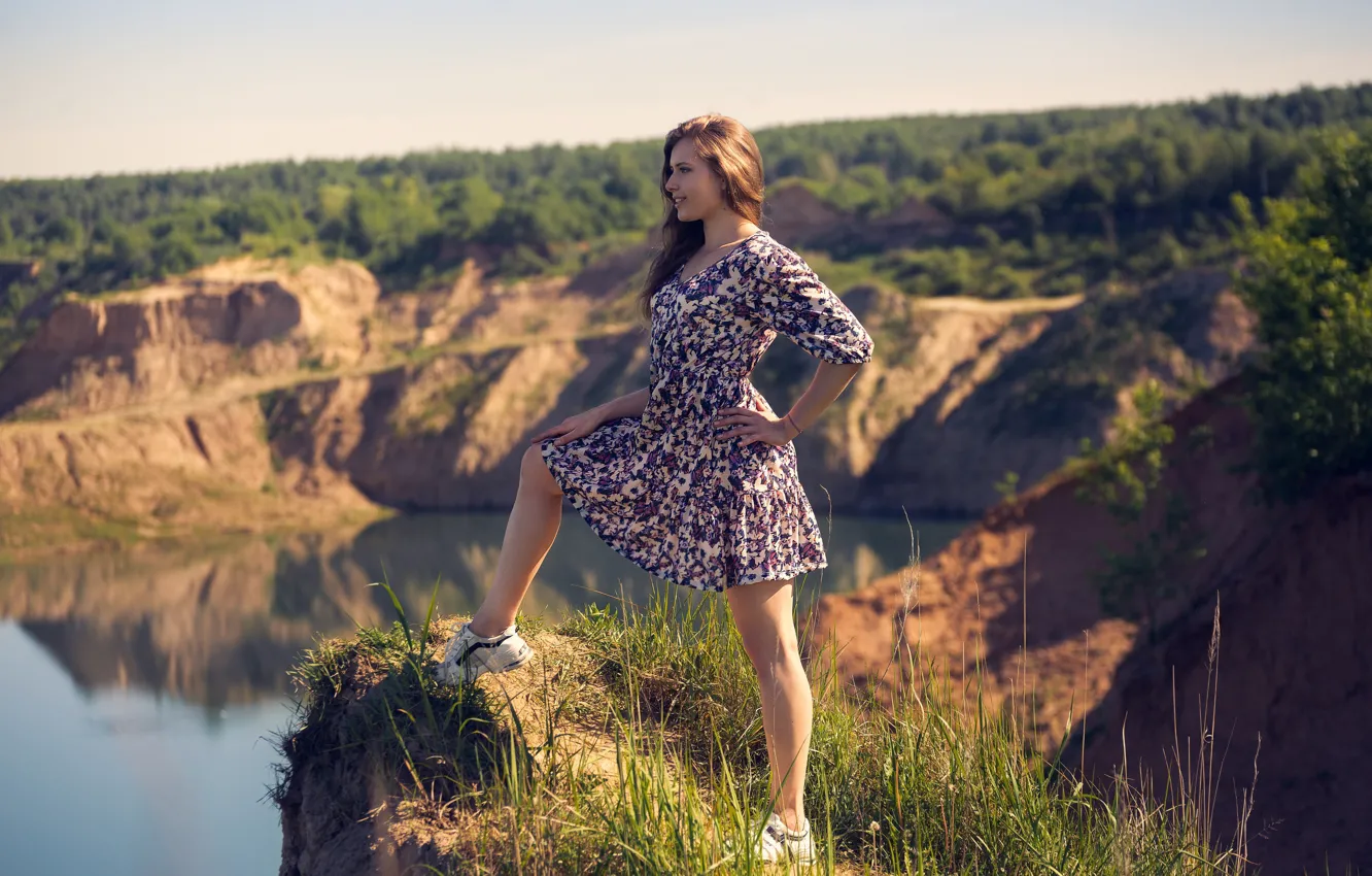 Photo wallpaper dress, trees, nature, lake, model, women, brunette, sneakers