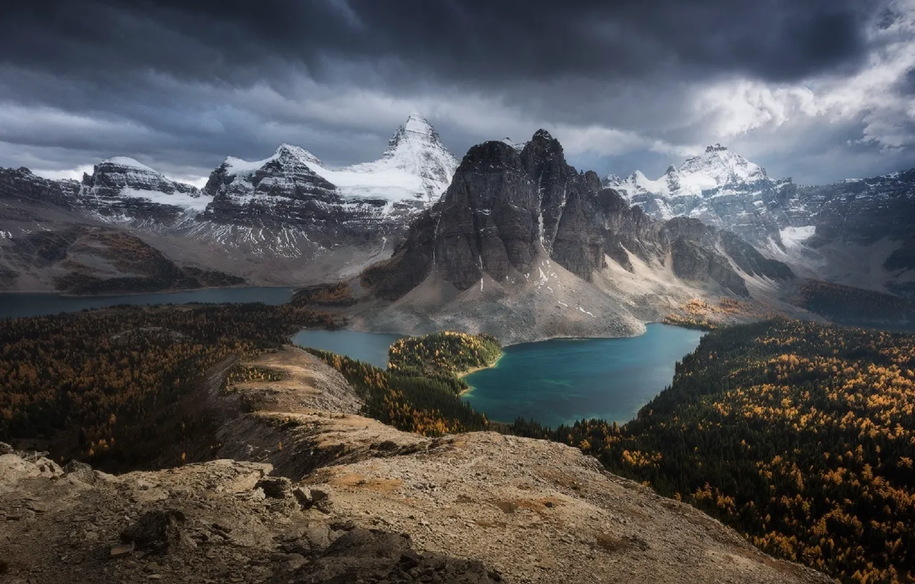 Photo wallpaper the sky, trees, mountains, clouds, nature, lake, overcast, rocks