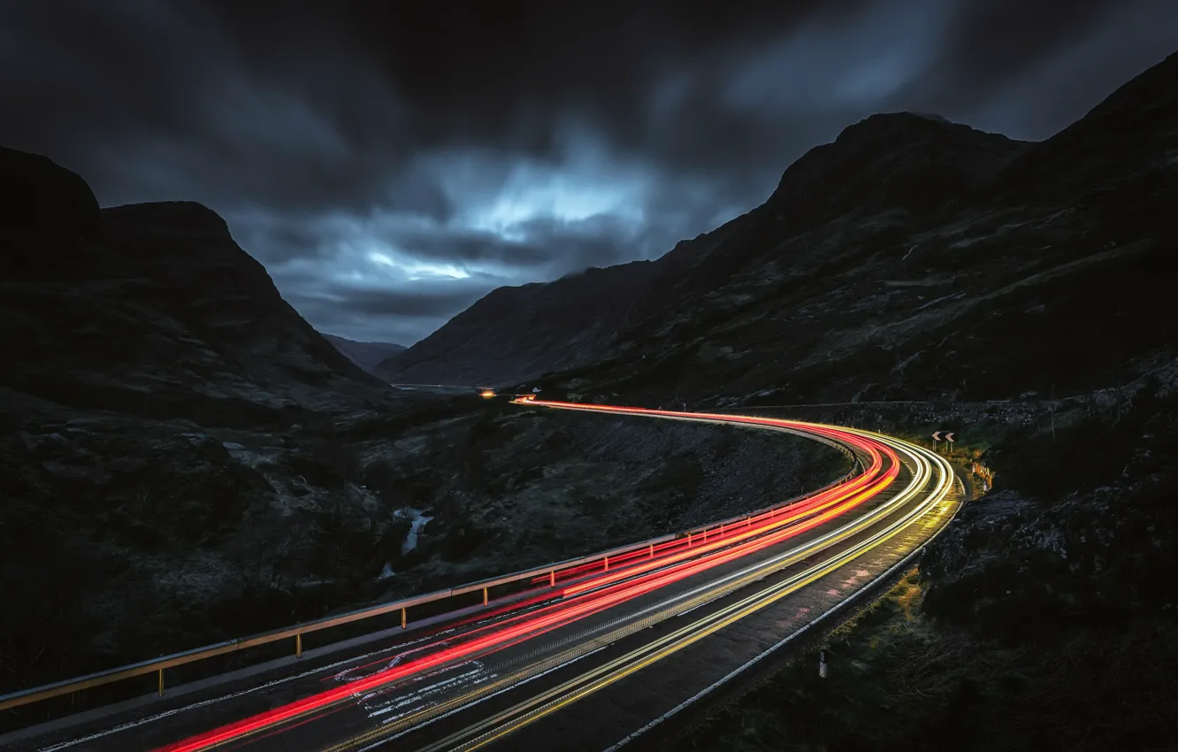 Photo wallpaper road, mountains, night, lights