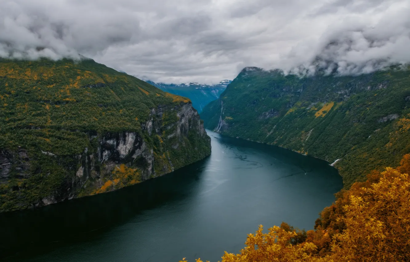 Photo wallpaper autumn, clouds, landscape, nature, Norway, the fjord