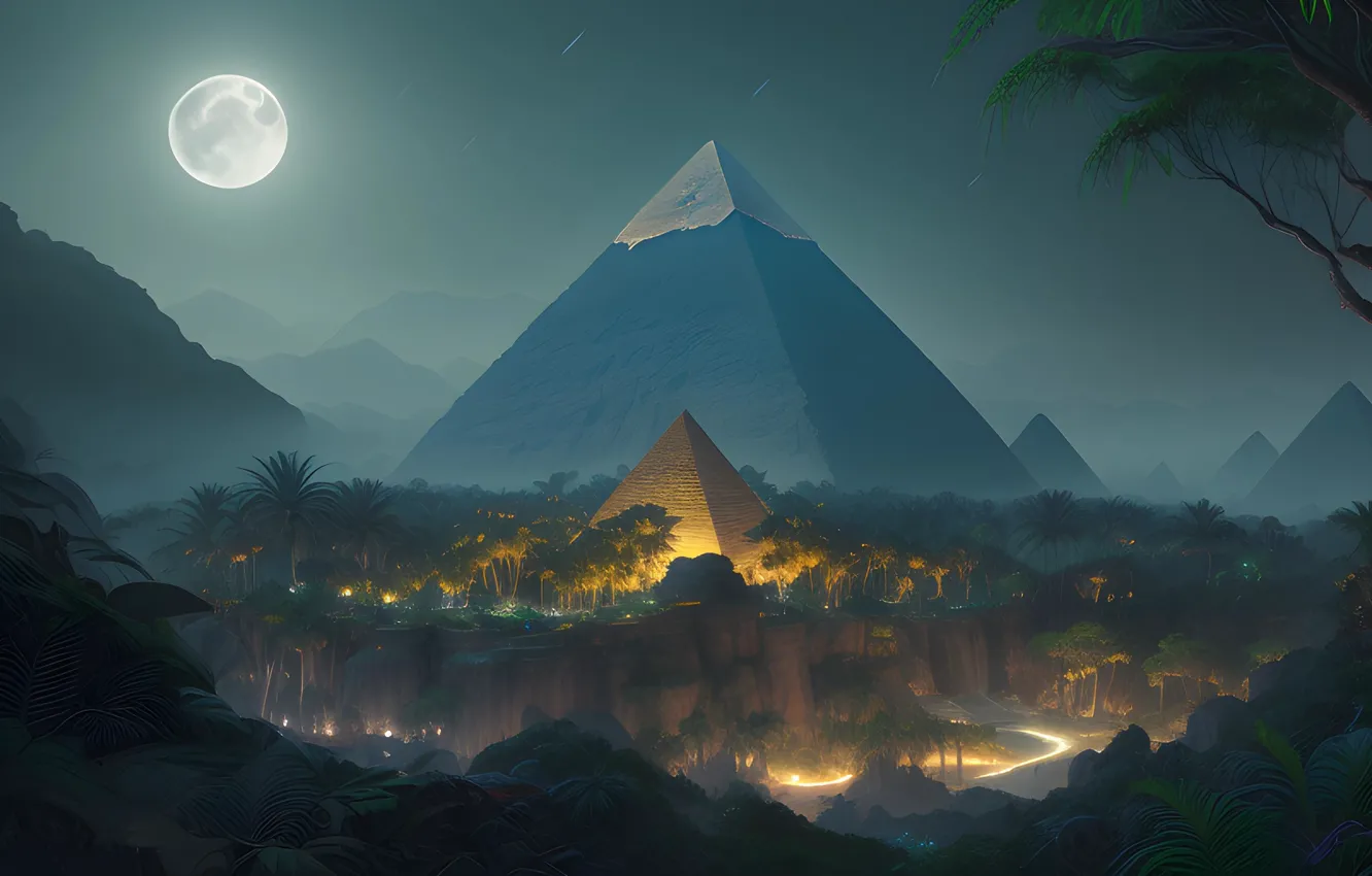 Photo wallpaper forest, mountains, night, fog, river, the moon, jungle, pyramid