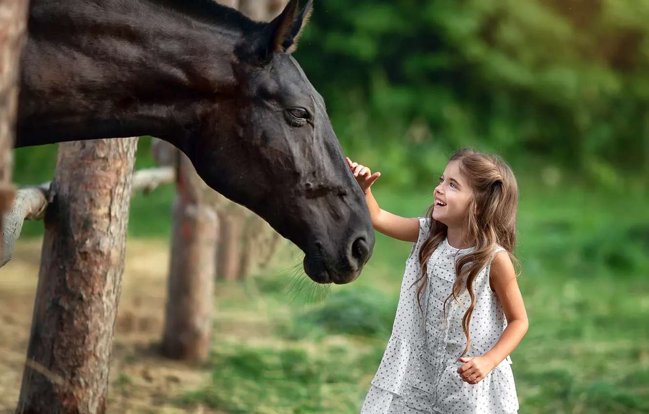 Photo wallpaper summer, joy, nature, children, animal, horse, the fence, girl