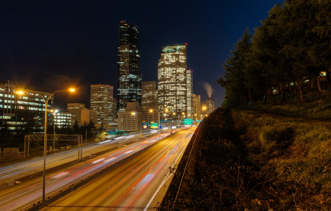 Photo wallpaper lights, USA, United States, skyline, night, skyscraper, evening, Washington
