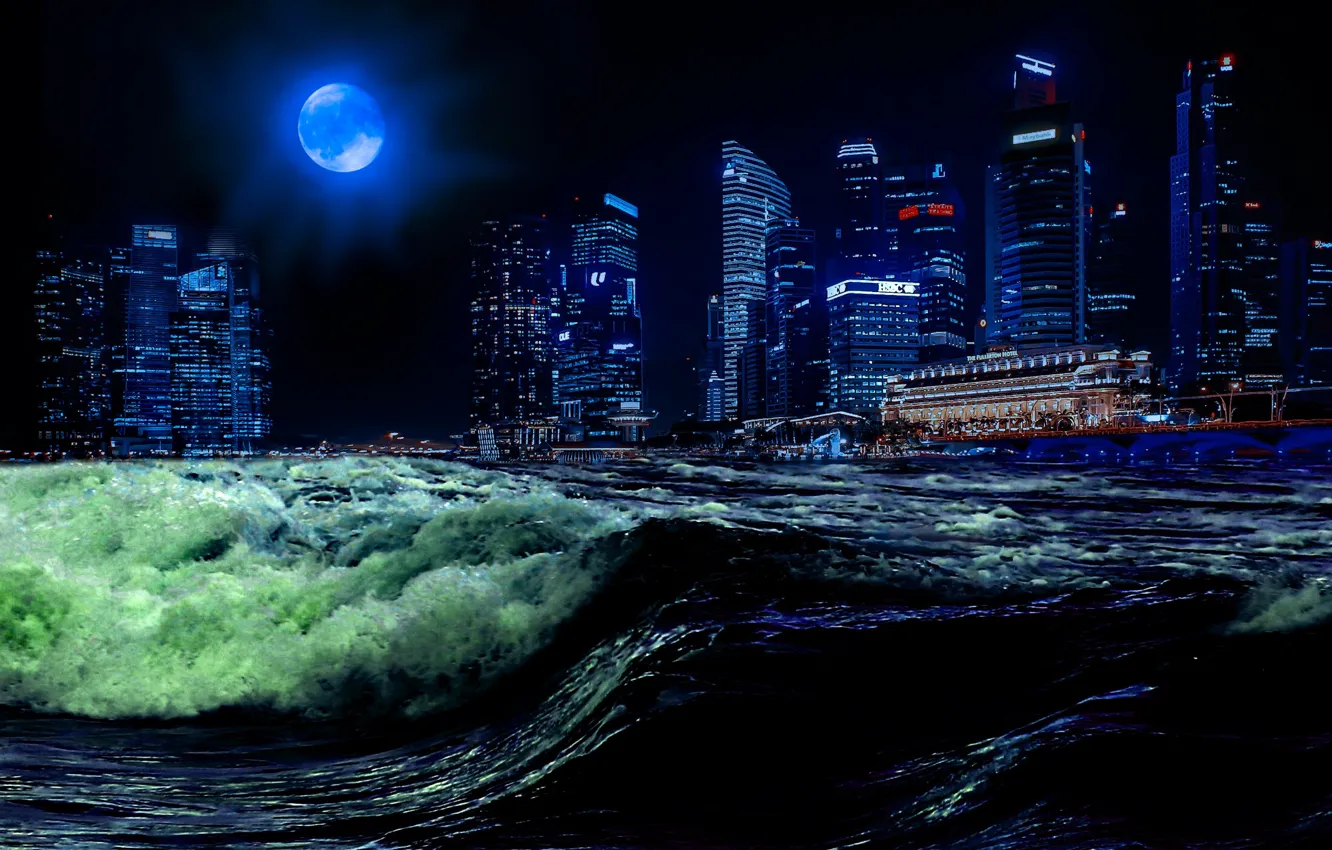 Photo wallpaper wave, the sky, water, night, the city, lights, the moon, Asia