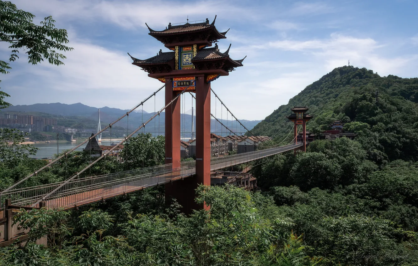 Photo wallpaper the sky, trees, China, Vasiliev Andrey, Bridge in Fengdu City, architecture, Fandu