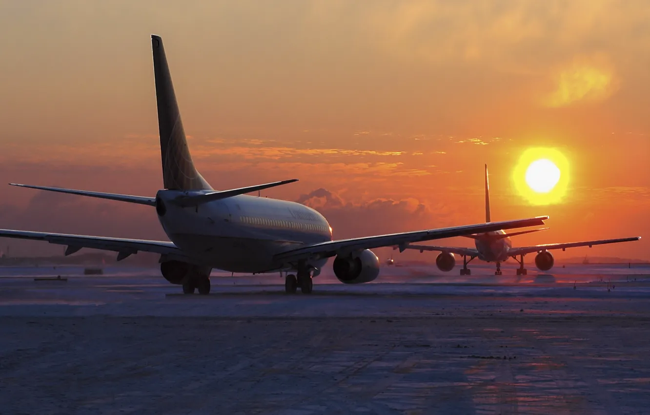 Photo wallpaper sunset, airport, the plane