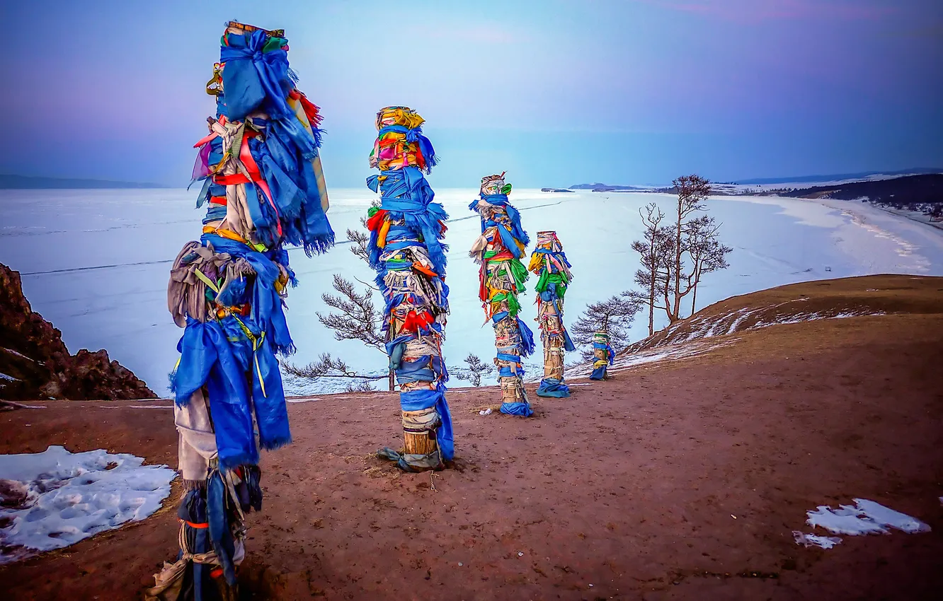 Photo wallpaper winter, the sky, lake, posts, island, Baikal, tape, shaman
