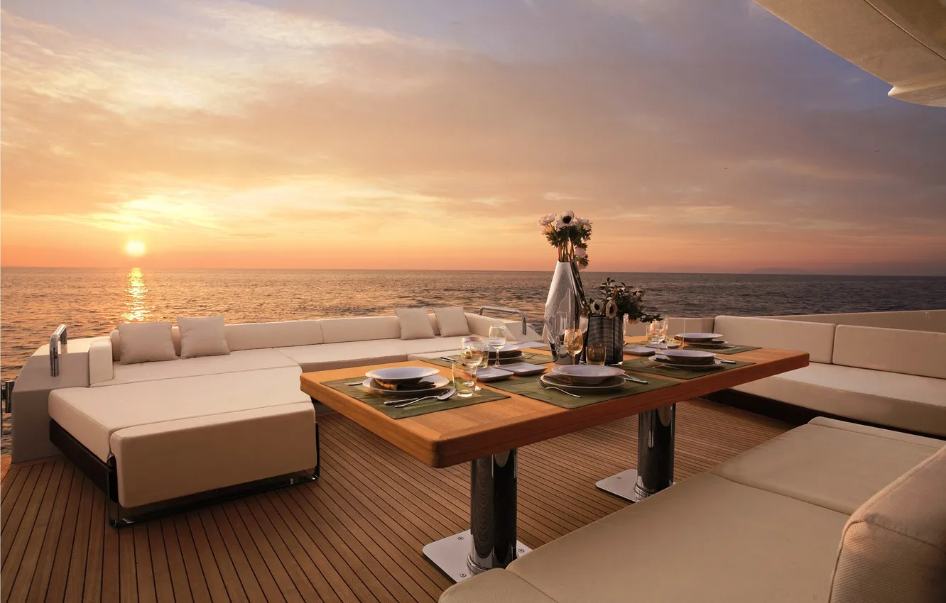 Photo wallpaper sea, table, the evening, yacht, deck, dinner