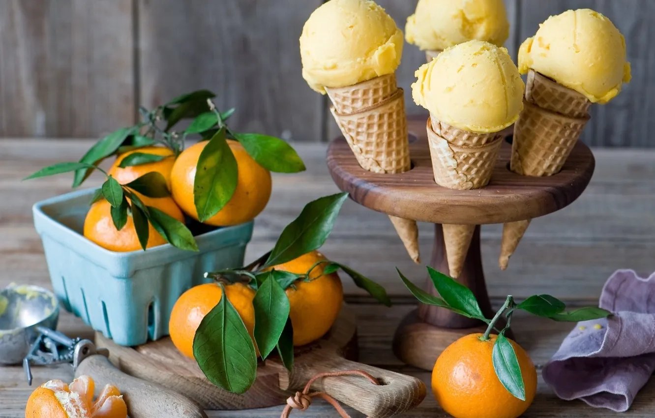 Photo wallpaper food, ice cream, food, sweet, dessert, tangerines, ice cream, oranges