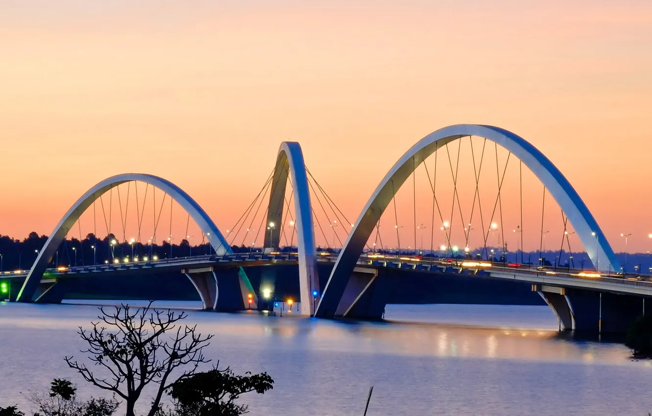 Photo wallpaper lights, the evening, Brazil, paranoá lake, bridge Juscelino Kubitschek