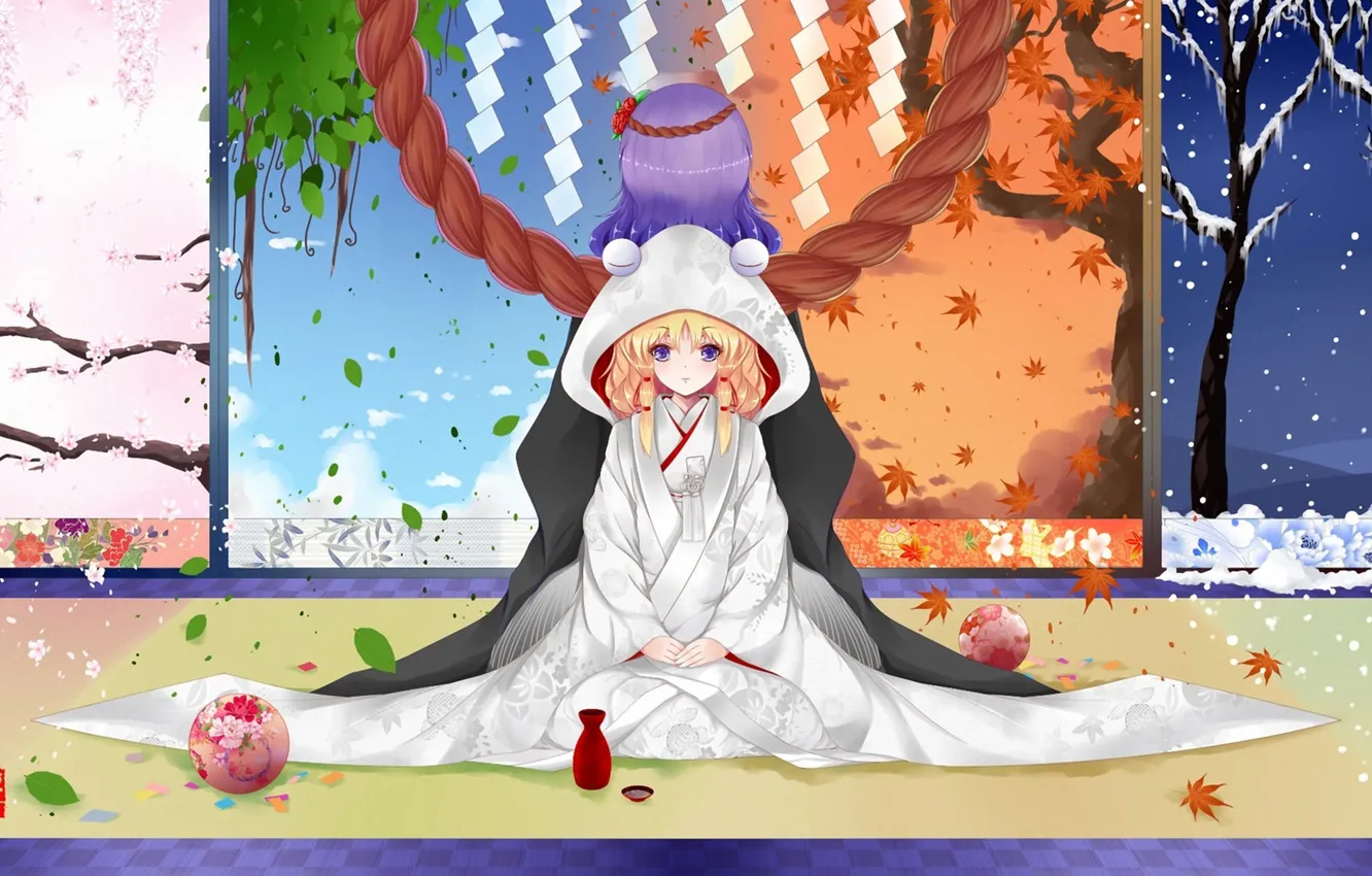 Photo wallpaper girl, seasons, hood, screen, touhou, Moriya Suwako, Yasaka Kanako