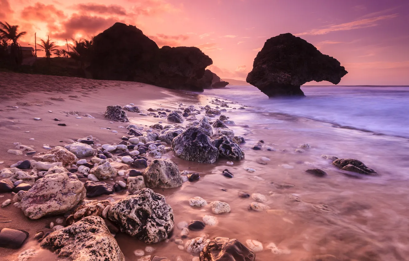 Photo wallpaper beach, sunset, stones, the ocean, rocks