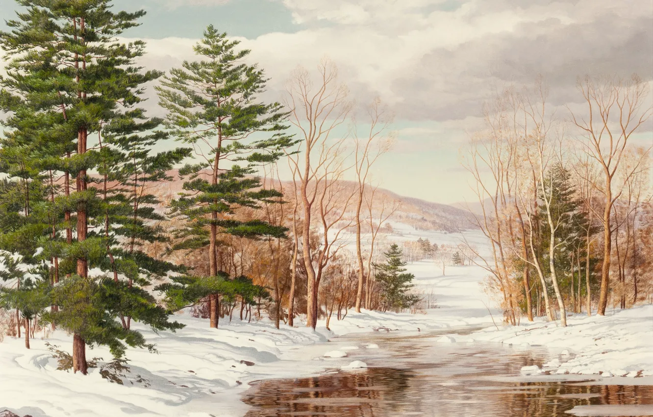 Photo wallpaper winter, forest, landscape, river, Carl Worm