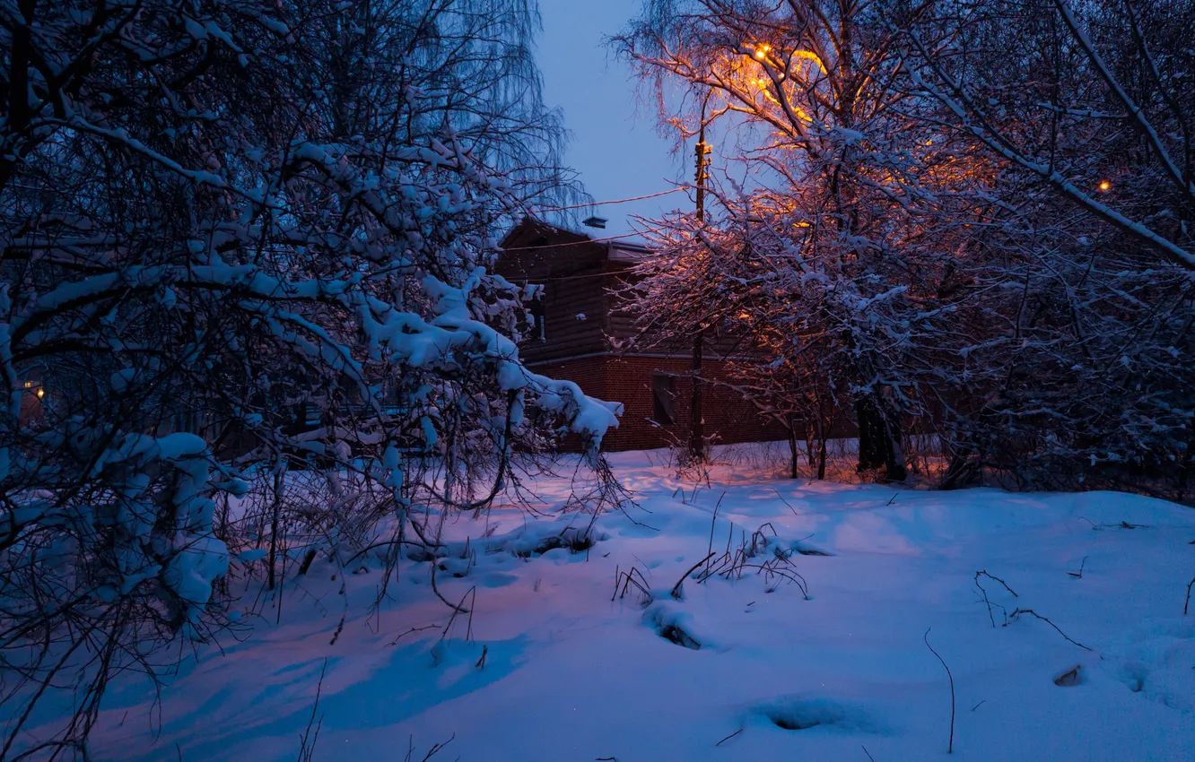 Photo wallpaper snow, trees, house, the building, spring, the evening, lantern, Russia