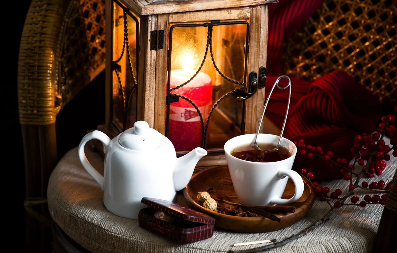 Photo wallpaper berries, tea, kettle, lights, Cup, peanuts