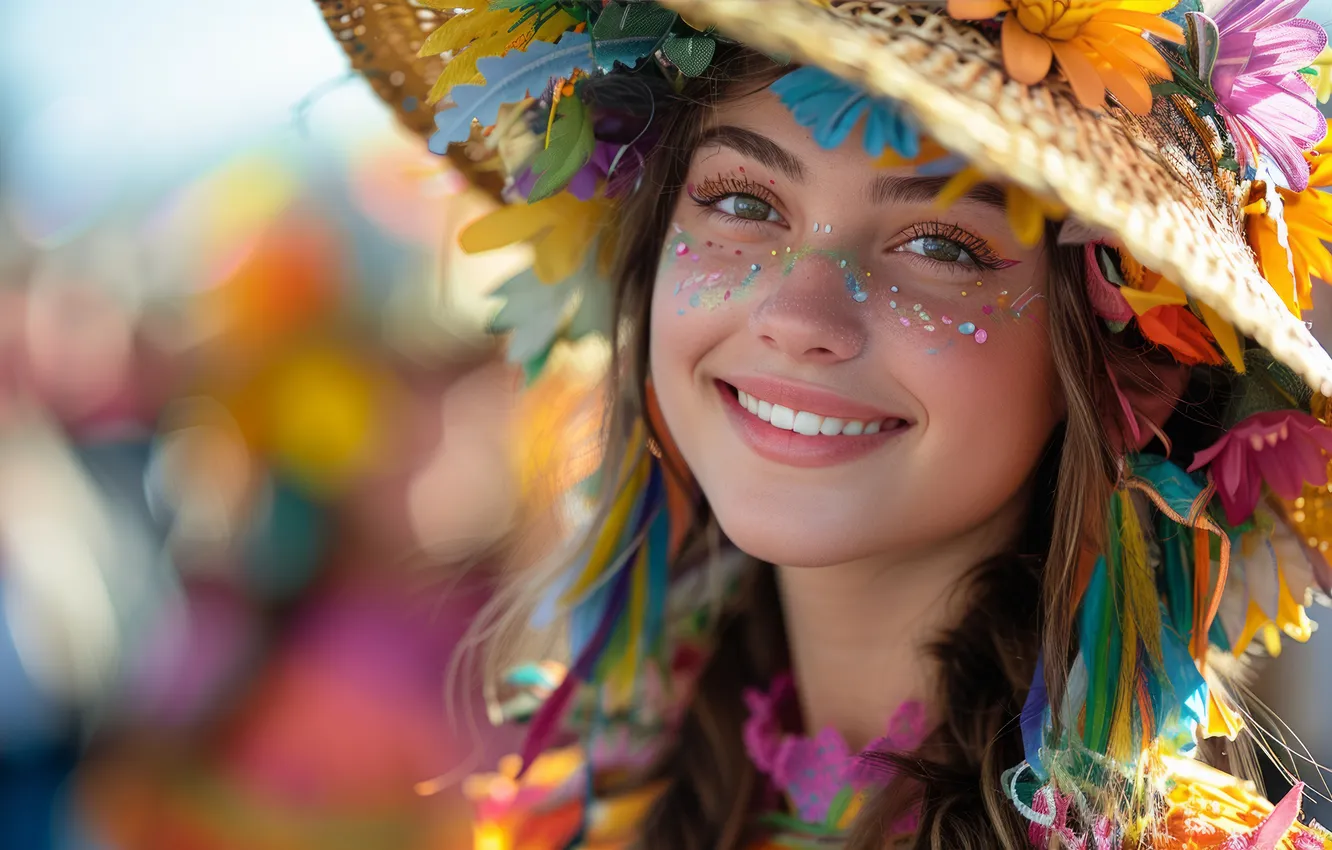 Photo wallpaper look, girl, decoration, flowers, face, eyelashes, smile, holiday