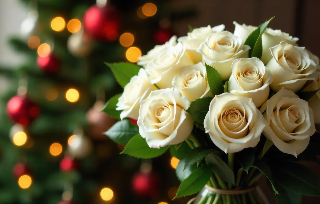 Photo wallpaper flowers, lights, new year, roses, bouquet, Christmas, white, bokeh