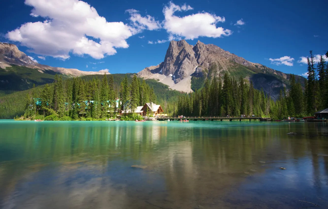 Photo wallpaper forest, mountains, river, Canada, Canada, houses., Yoho, Emerald