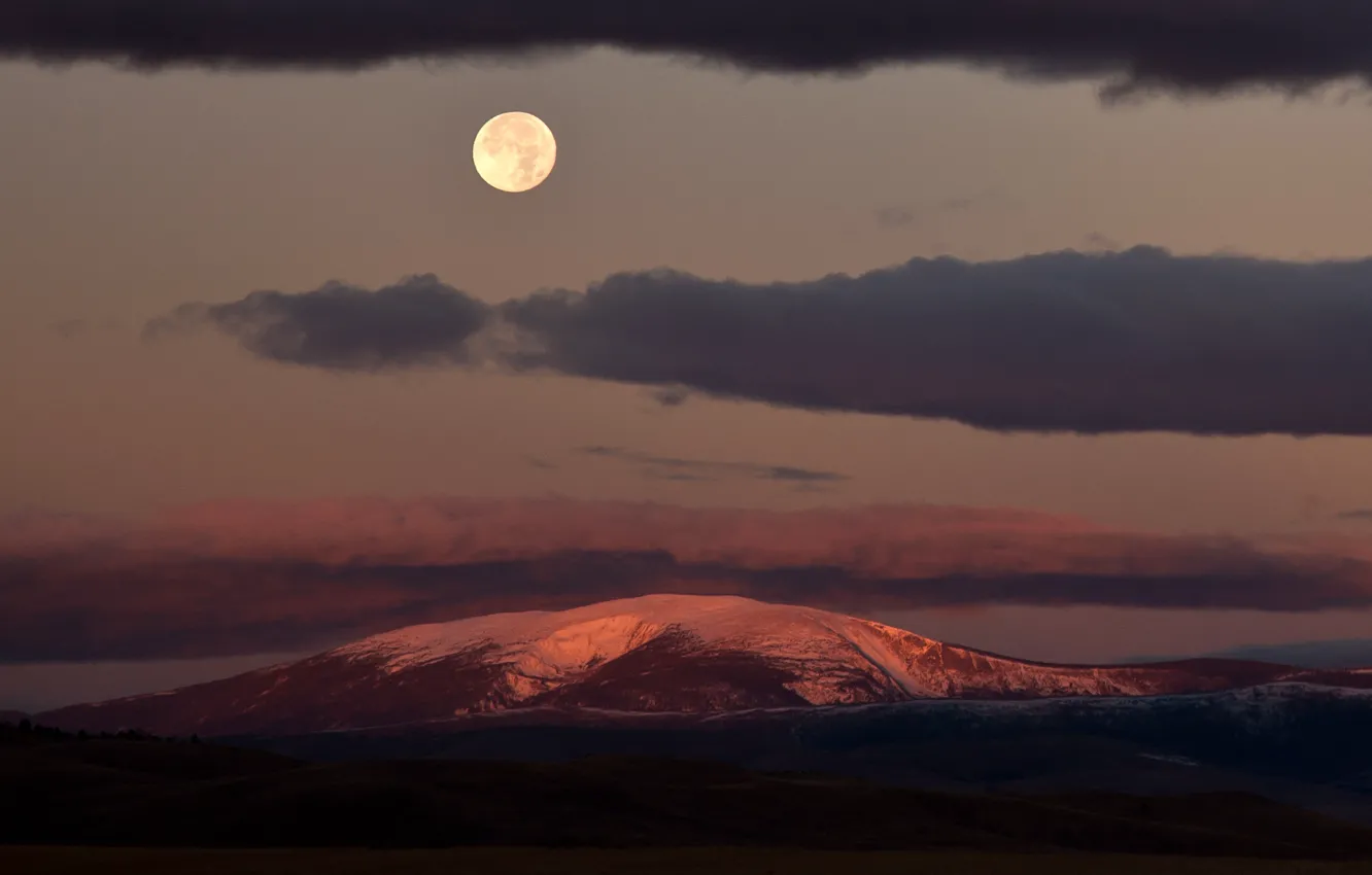 Photo wallpaper moon, United States, twilight, clouds, dusk, full moon, Montana, Mount Baldy