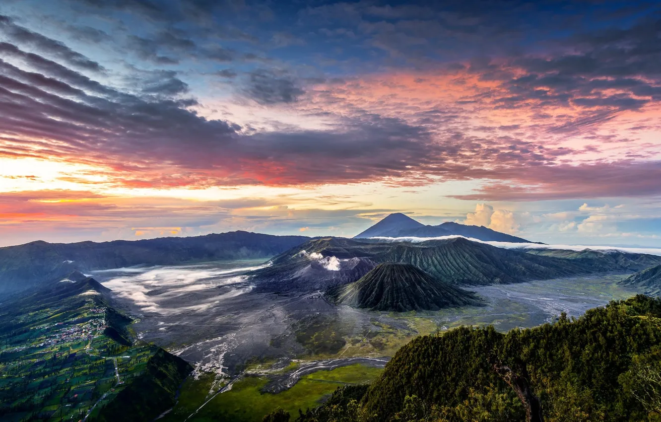 Photo wallpaper clouds, mountains, Indonesia, Java, panorama, Tengger, volcanic complex-the Caldera TenGer, the volcano Bromo