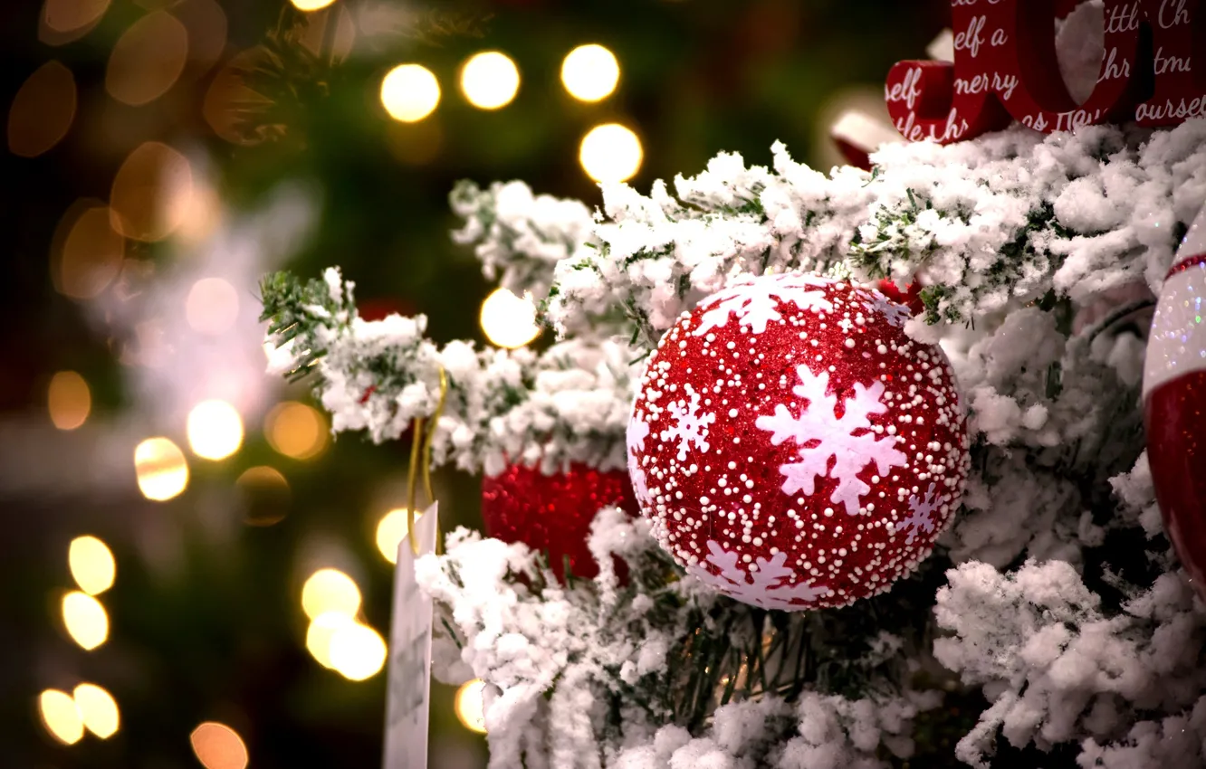 Photo wallpaper winter, red, lights, toy, tree, ball, New Year, Christmas