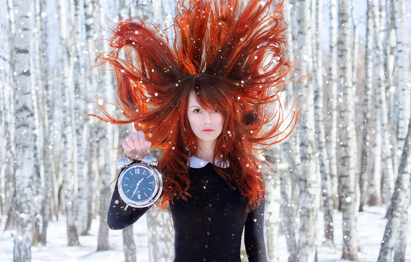 Photo wallpaper forest, snow, hair, watch, alarm clock, the red-haired girl, Spring Time