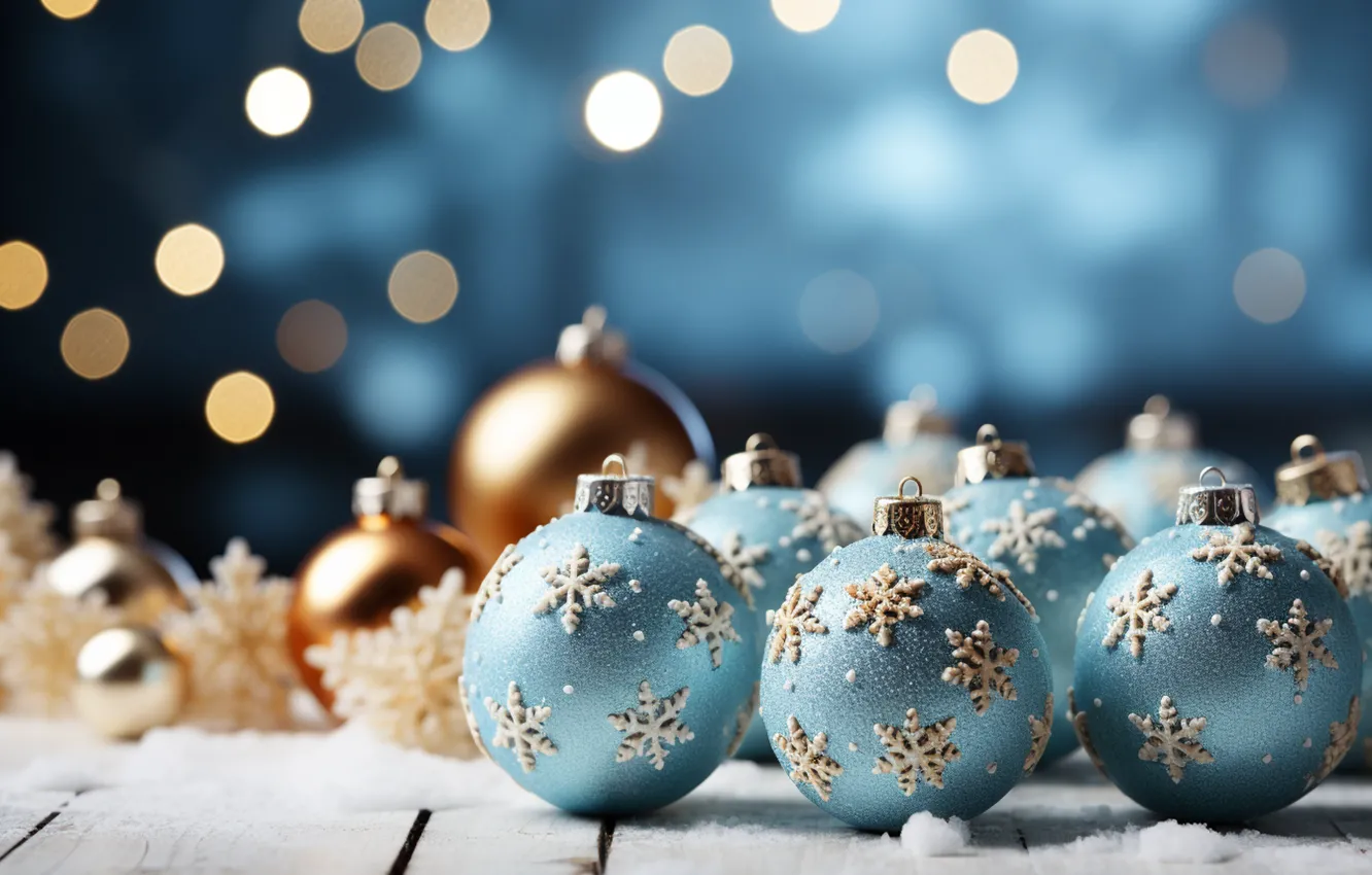 Photo wallpaper winter, snow, decoration, snowflakes, balls, new year, Christmas, golden