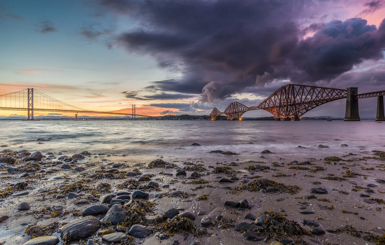 Photo wallpaper sunset, the city, the evening, Scotland, Edinburgh, railway bridge, suspension road bridge forth road bridge, …