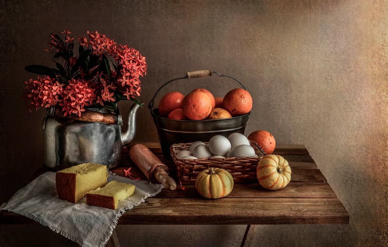 Photo wallpaper eggs, bouquet, oranges, kettle, bread, pumpkin, still life