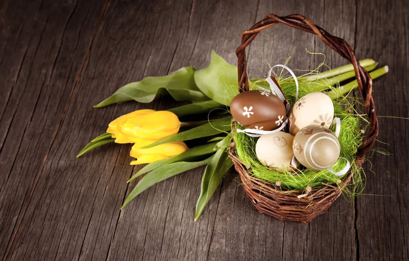Photo wallpaper Easter, tulips, basket, wood, tulips, spring, Easter, eggs