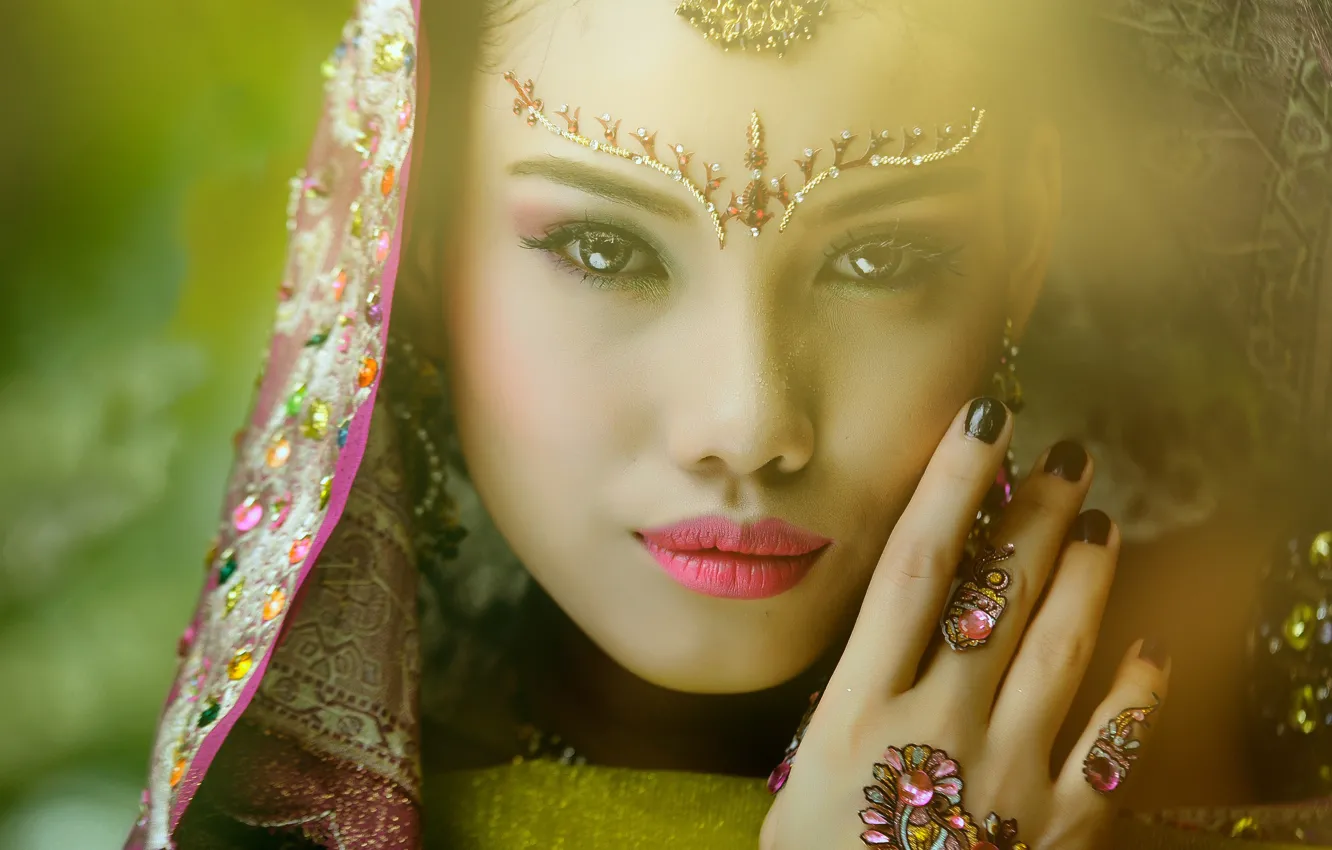 Photo wallpaper look, girl, decoration, face, background, hand, makeup