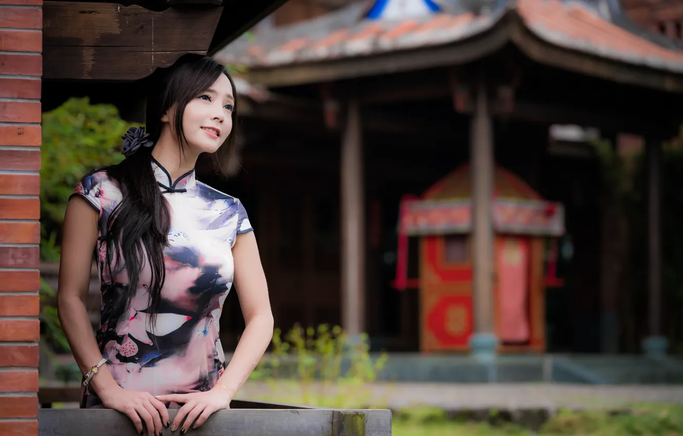 Photo wallpaper girl, dress, Asian, cutie, bokeh