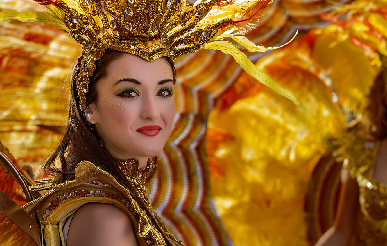 Photo wallpaper look, girl, face, style, portrait, feathers, makeup, costume