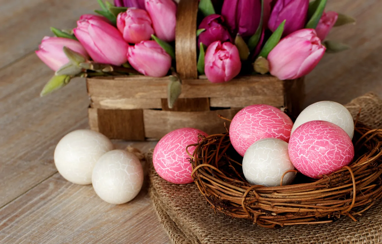 Photo wallpaper flowers, holiday, basket, eggs, spring, Easter, socket, tulips